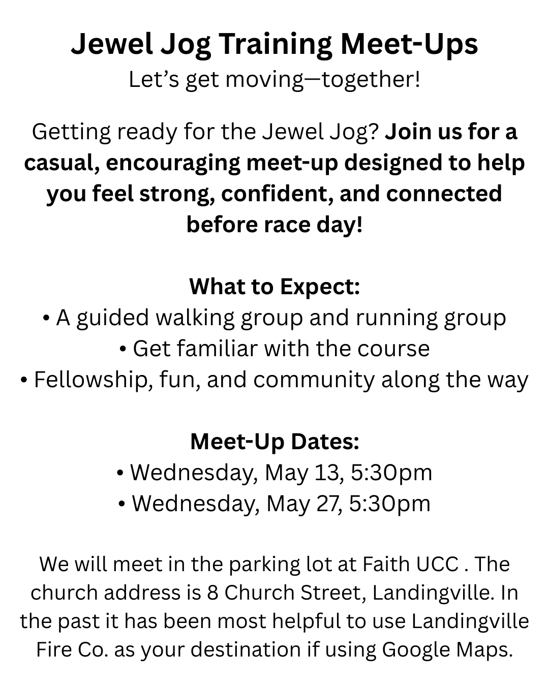 Jewel Jog Training Meet-Ups Let’s get moving—together! Getting ready for the Jewel Jog Join us for a few casual, encouraging meet-ups designed to help you feel strong, confident, and connected bef